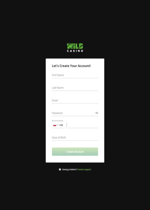 Fast player registration interface Wild Casino
